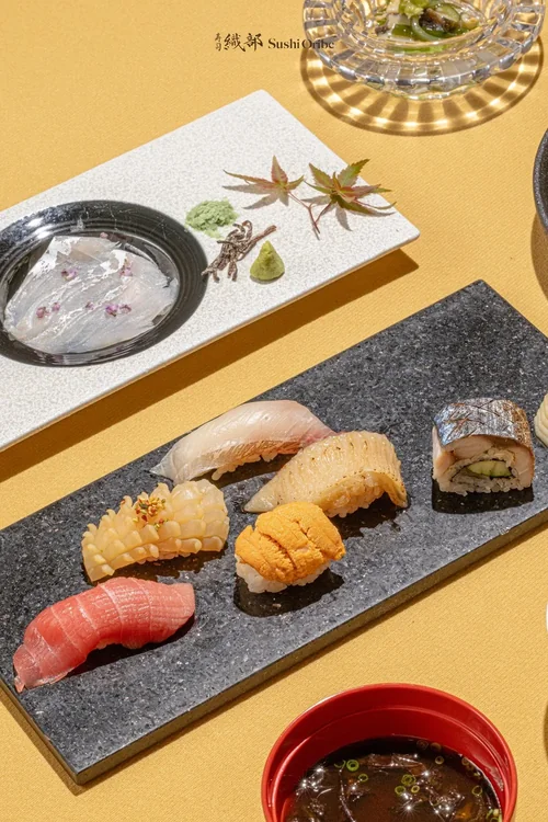 Fatty Tuna, Aori Ika (Bigfin Reef Squid), Uni (Sea Urchin) / Engawa (Flounder Fin), Shima Aji (Striped Jack), Saba Bo-zushi (Mackerel)
